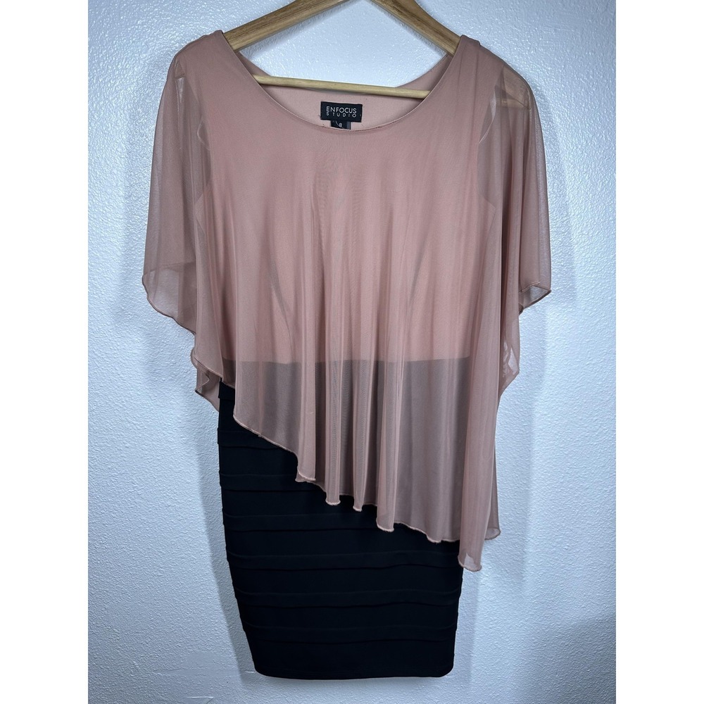 En Focus Studio Dress Womens 8 Blush Pink Black Cape Overlay Sheath Cocktail